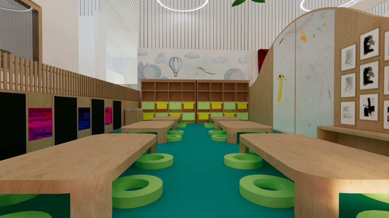 Studio classroom with shared worktables