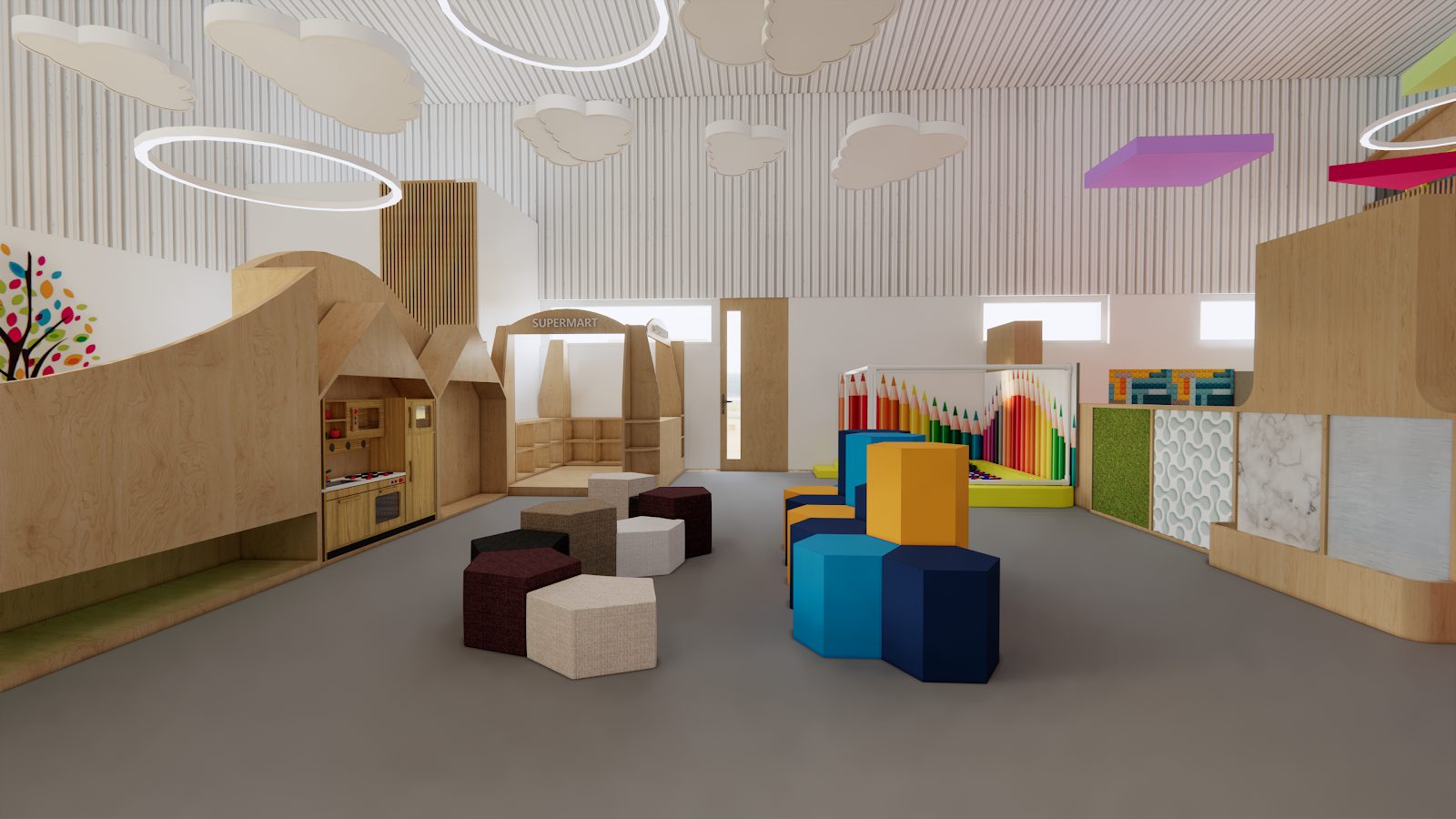 Soft play zone with modular seating blocks